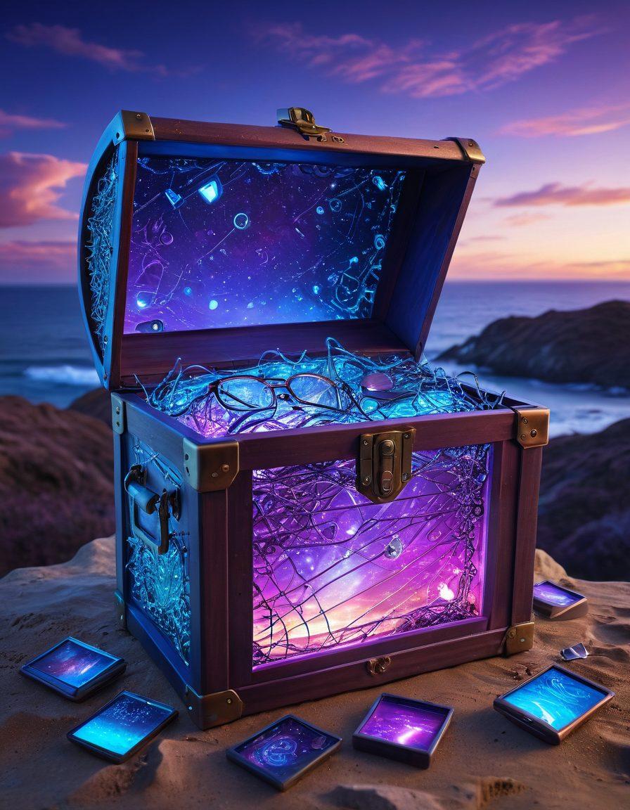 An open treasure chest overflowing with digital search tools like magnifying glasses, search bars, and glowing icons representing websites, surrounded by a vibrant landscape of interconnected networks and binary code in the background. The sky is a gradient of blue and purple, illustrating the endless possibilities of online searching. super-realistic. vibrant colors. digital art.