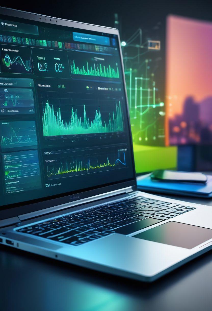 A dynamic, open laptop displaying a vibrant dashboard filled with various free online data tools and resources. Surround it with illustrated icons representing data charts, search bars, and different document types. Include a backdrop of a vast digital landscape with interconnected nodes symbolizing data flow. The color palette should be lively, with a mix of blues and greens, evoking a sense of innovation and accessibility. super-realistic. vibrant colors. digital art.