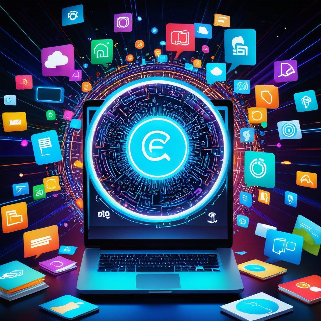 A dynamic collage of digital elements representing a search engine, featuring a magnifying glass hovering over vibrant icons symbolizing different types of information (books, videos, websites). Include a diverse group of people exploring this digital landscape on various devices (laptops, smartphones). The background should have a glowing circuit pattern, signifying connectivity and technology. super-realistic. vibrant colors. 3D.
